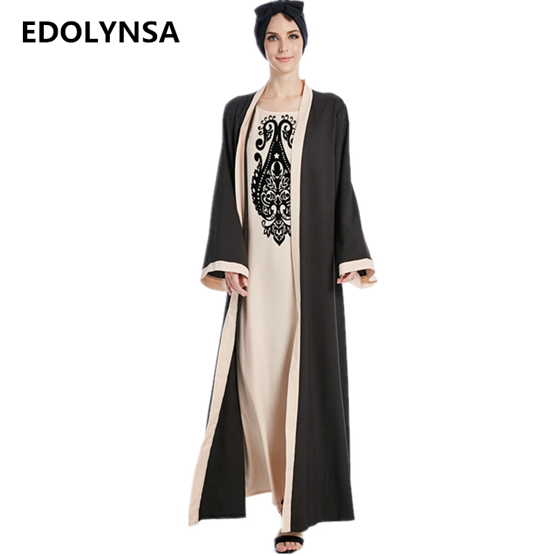 

Fake Two Pieces Dubai Abaya Cardigan Twill Cotton Print Muslim Dresses Soft Robe Plus Size Maxi Dress Long Womens Clothing#D342