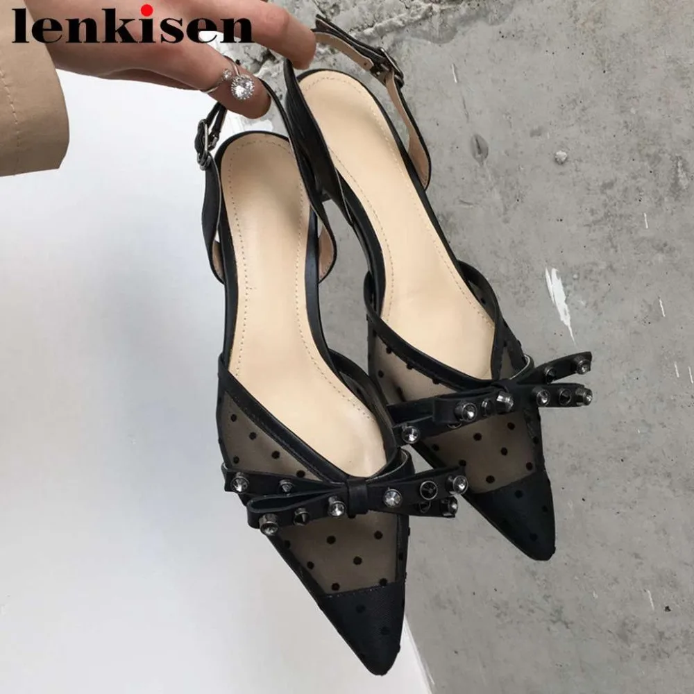 

Large size princess style butterfly-knot crystals decoration slip on thin med heels pointed toe mesh wedding women sandals L11