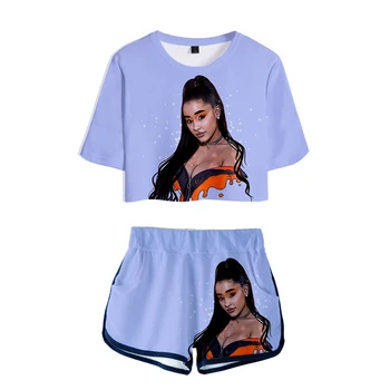 

Hot Ariana Grande 3D Exposed Navel t shirt+shorts women's two-piece sets Fashion Hip Hop Harajuku Summer 3D girls two-piece sets