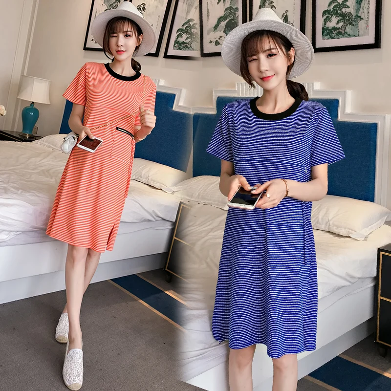 

801# Navy Blue Striped Maternity Nursing Long Tee Summer Breast Feeding T Shirt Clothes for Pregnant Women Pregnancy T-shirt Top