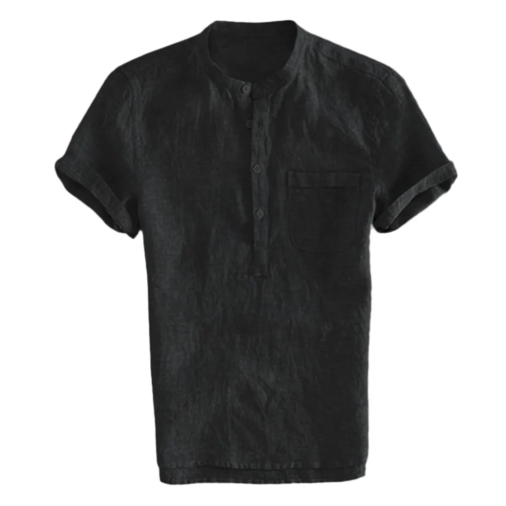 Повседневная мужская рубашка с коротким рукавом, мужская рубашка, мешковатая хлопковая льняная однотонная Свободная блузка, топы, уличная одежда, Camisa masculina - Цвет: Black