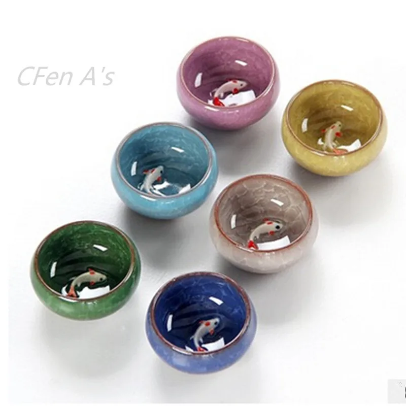 

Chinese Kung Fu Tea Cup Set ice crackled Glaze Ceramic cup Travel Tea Bowl Wine Cup Sets with Golden Fish Porcelain mugs 6pcs