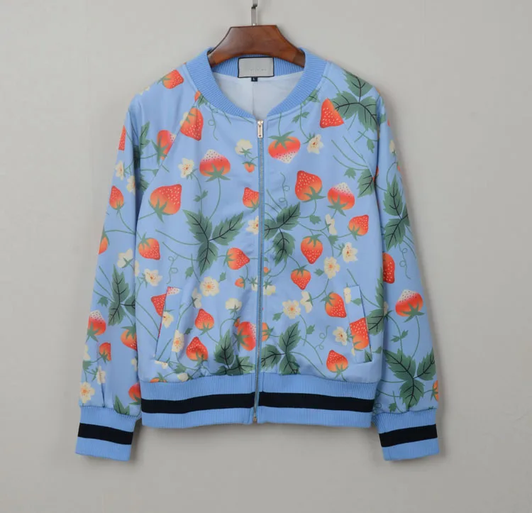 Strawberry Printed Jacket Women Outerwear Spring Baseball Outerwear 2019 Clothes Print O-Neck Pockets Jackets Coat Women