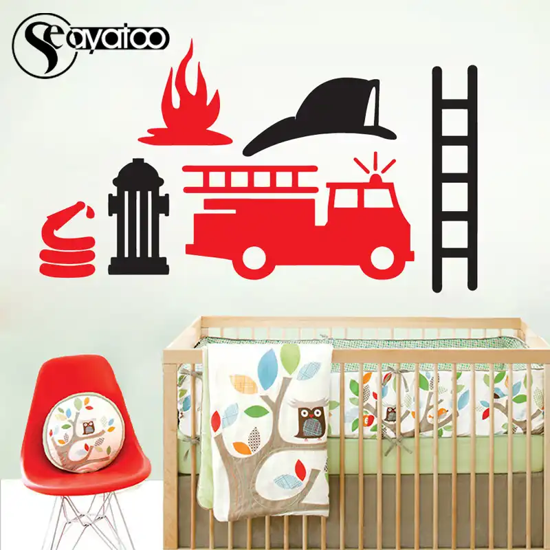 Cartoon Fire Truck Engine Car Vinyl Wall Decal Sticker Kids Boys Bedroom Nursery Stickers