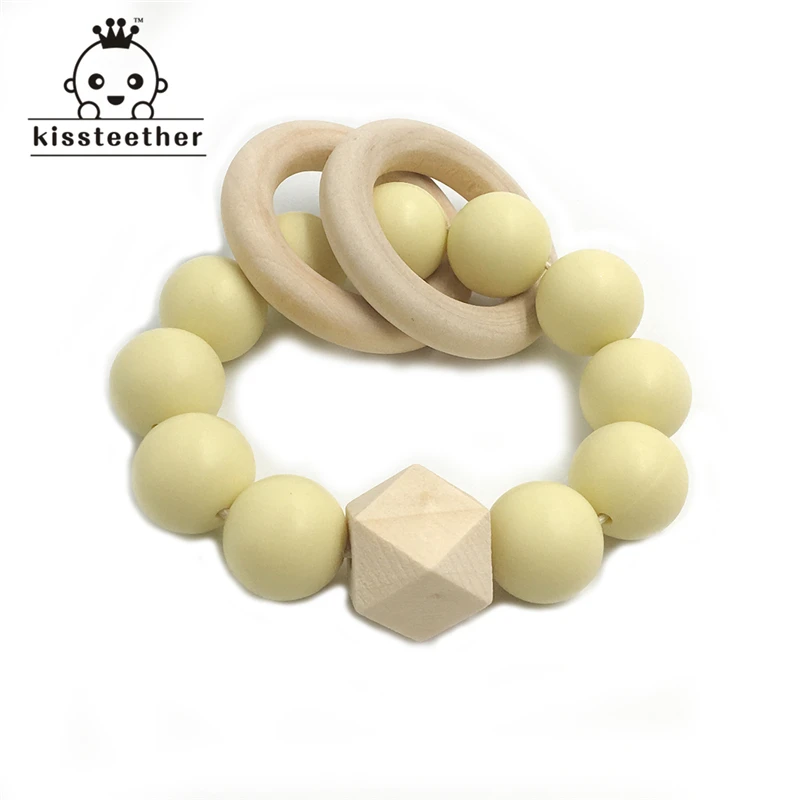 Baby Teether Nursing Bracelet Food Grade Silicone Beads Wooden Ring