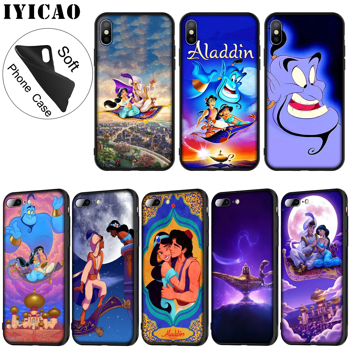 IYICAO Anime Aladdin Cartoon Soft Silicone Phone Case for iPhone XR X XS 11 Pro Max 6 6S 7 8 Plus 5 5S SE TPU Black Cover |