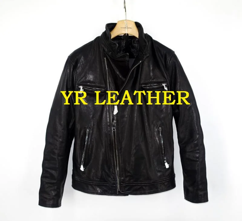 

YR!Free shipping.Pakistan tanning sheepskin.Brand Luxury motor biker style leather jacket, fashion slim genuine leather coat,