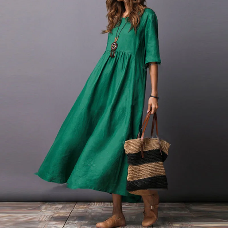 Плюс платье размера плюс 2XL женское зеленое индийское народное платье длиной до щиколотки с круглым вырезом со стандартной талией