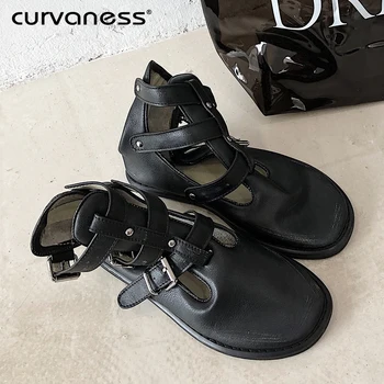 

Curvaness Winter Belt Buckle Women Ankle Boots Round Toe Thick Heel Bootie Metal Decor Solid Shoes Simple Fashion Female Boots