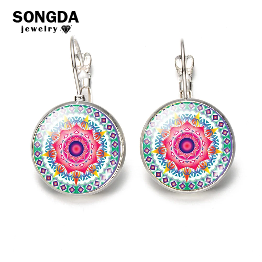 SONGDA Винтаж украшений Мандала Henna Стекло Gem Art серьги символ йоги Ом Дзэн-буддизм бронза/Серебряные серьги для Для женщин Подарки