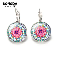 SONGDA Винтаж украшений Мандала Henna Стекло Gem Art серьги символ йоги Ом Дзэн-буддизм бронза/Серебряные серьги для Для женщин Подарки