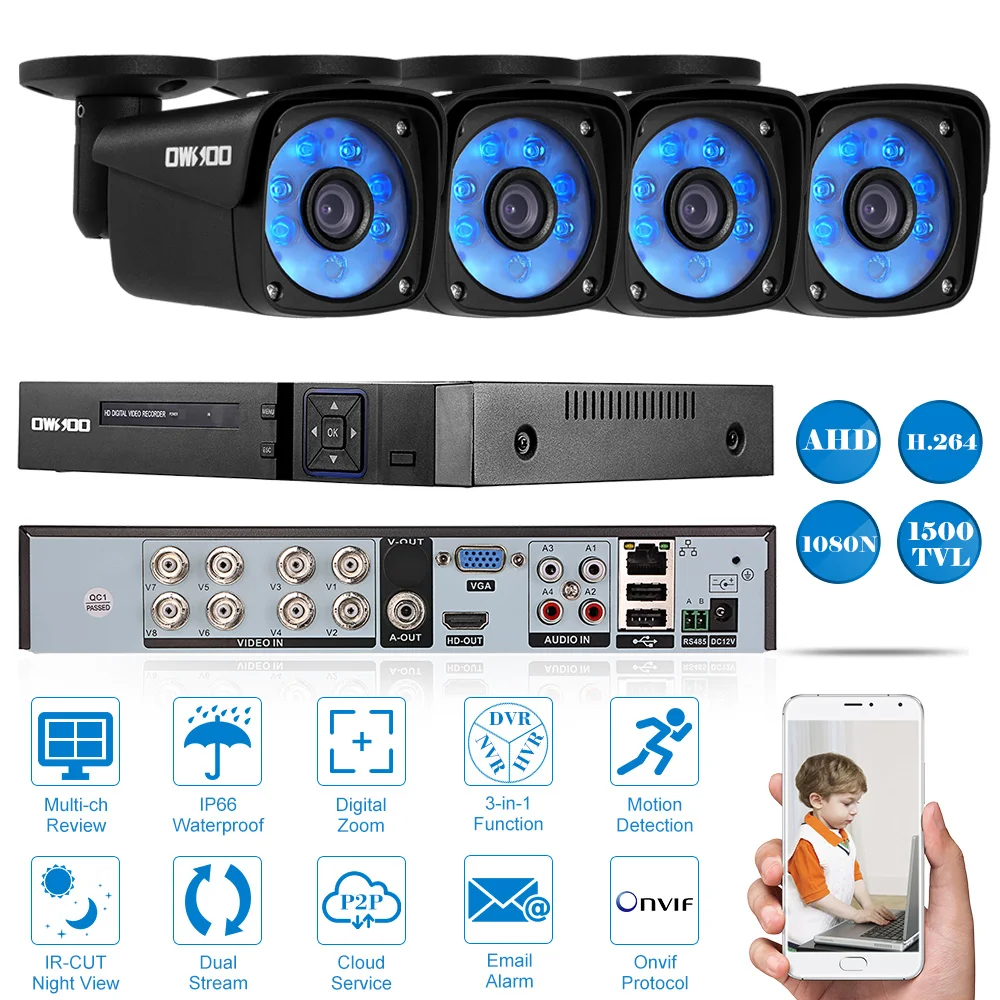 OWSOO 8CH DVR AHD 1080N 1500TV Security Surveillance System With 4PCS