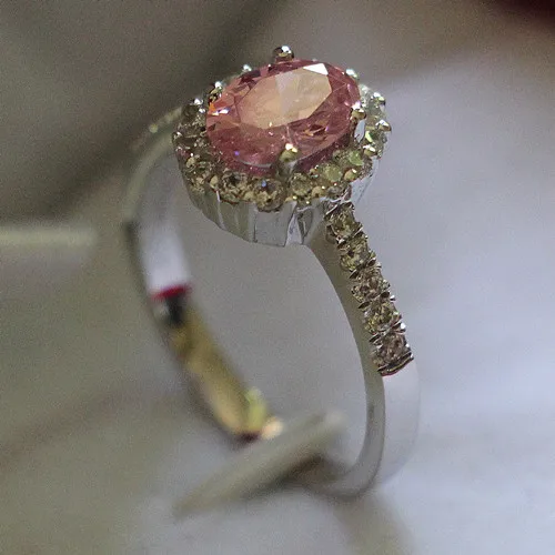 Pink Ring 2CT Pure White Gold 18K Oval Cut lovely Diamond Women Engagement Ring Halo Pave Bridal