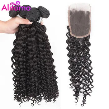

Alitomo Kinky Curly Bundles With Closure Peruvian Hair Weave Bundles With Closure Remy Human Hair 4 Bundles With Closure