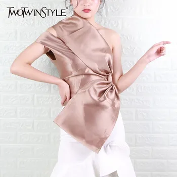

TWOTWINSTYLE Sleeveless One Shoulder Sexy Women Shirt Irregular Bowkont Slim Short Tops Female Fashion 2020 Spring New Tide