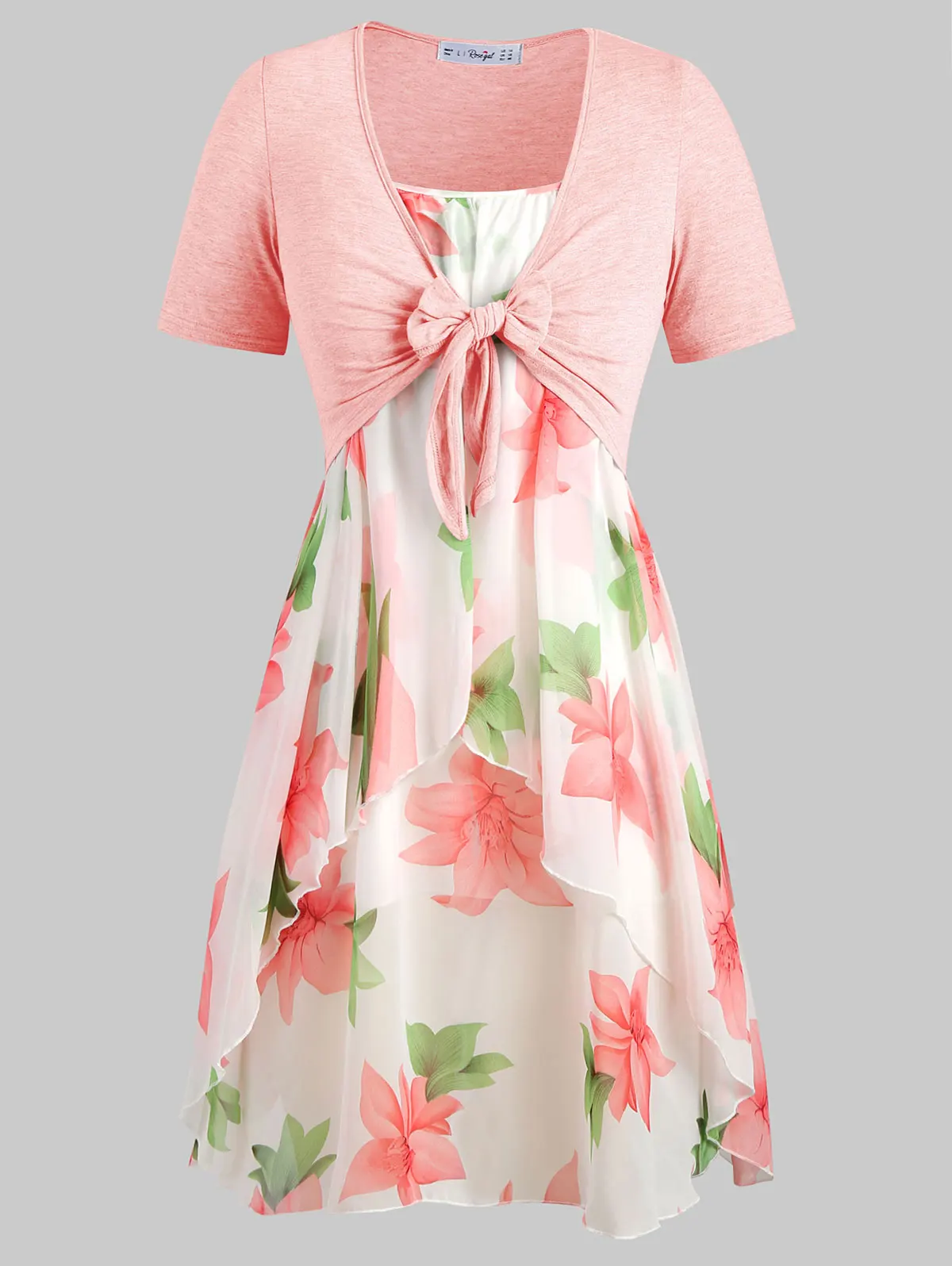 

ROSEGAL Plus Size Knot Top Chiffon Dress Floral Print Two Piece Set Dress Summer Women Spaghetti Strap V-Neck Dress Vestidos