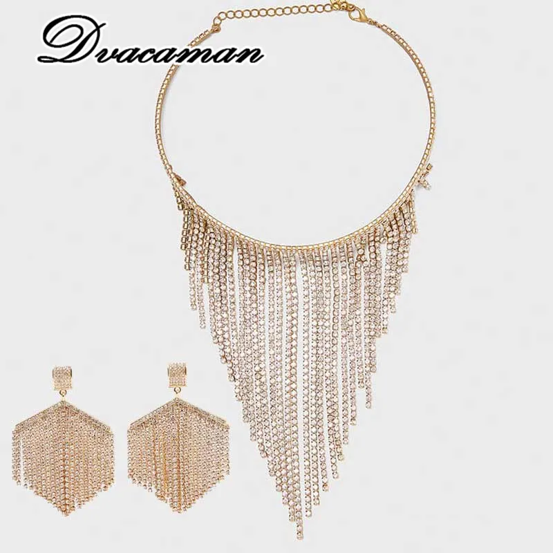 

Dvacaman Luxury ZA Dubai Style Wedding Jewelry Sets Rhinestone Crystal Statement Bridal Gold Tassel Necklace Set Gift for Women