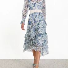 Женское летнее макси-платье с цветочным принтом и круглым вырезом, шелк, многослойное длинное пляжное женское платье с поясом