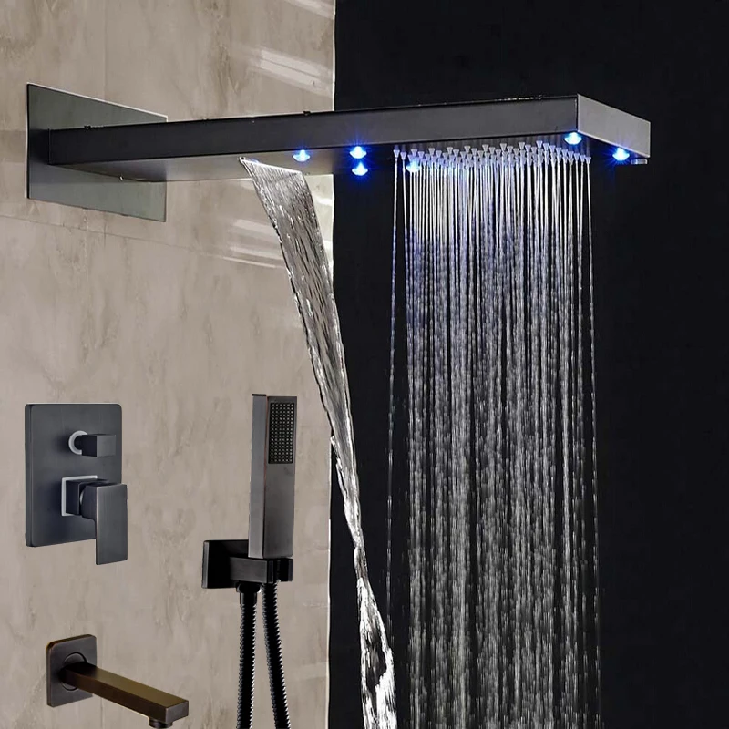 

Wholesale And Retail Luxury Waterfall Rain Shower Faucet Set Single Handle Vavle Mixer Tap Tub Spout Hand Shower LED Sprayer