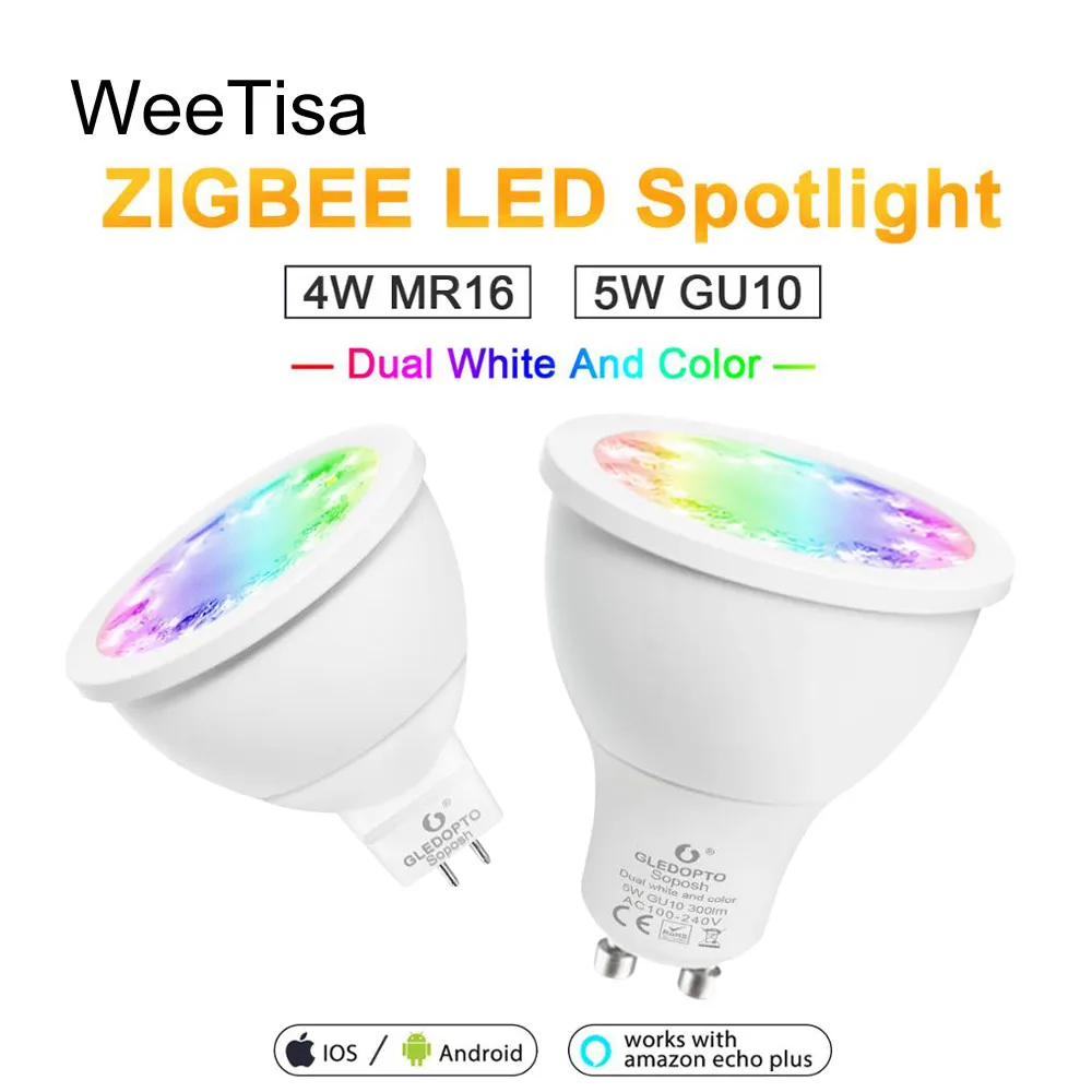 

RGBCCT LED Spotlight ZIGBEE 3.0 GU10 MR16 4W 5W AC 110V 220V Dimmable Light Bulb DC 12V Smart Bulb Lamp Work with Alexa Plus