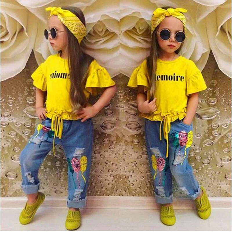 2018 summer kid girls clothes letter print flare sleeve T-shirt+Ripped Jeans Sequins+Headband 3pcs Suits Children outfits set