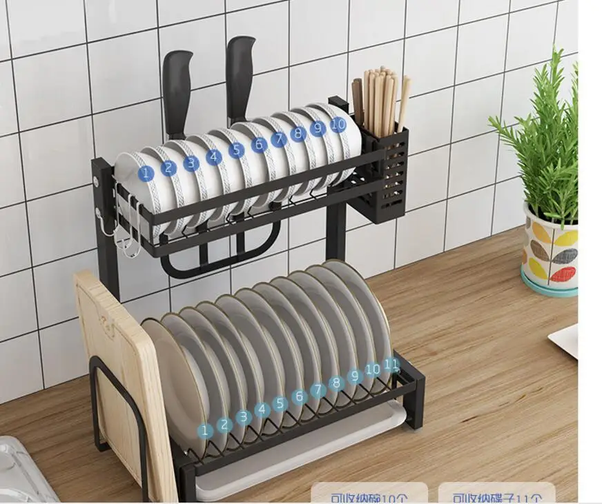 Black kitchen racks dish rack stainless steel drain dish rack to dry dishes chopsticks dishes tray knife holder storage box