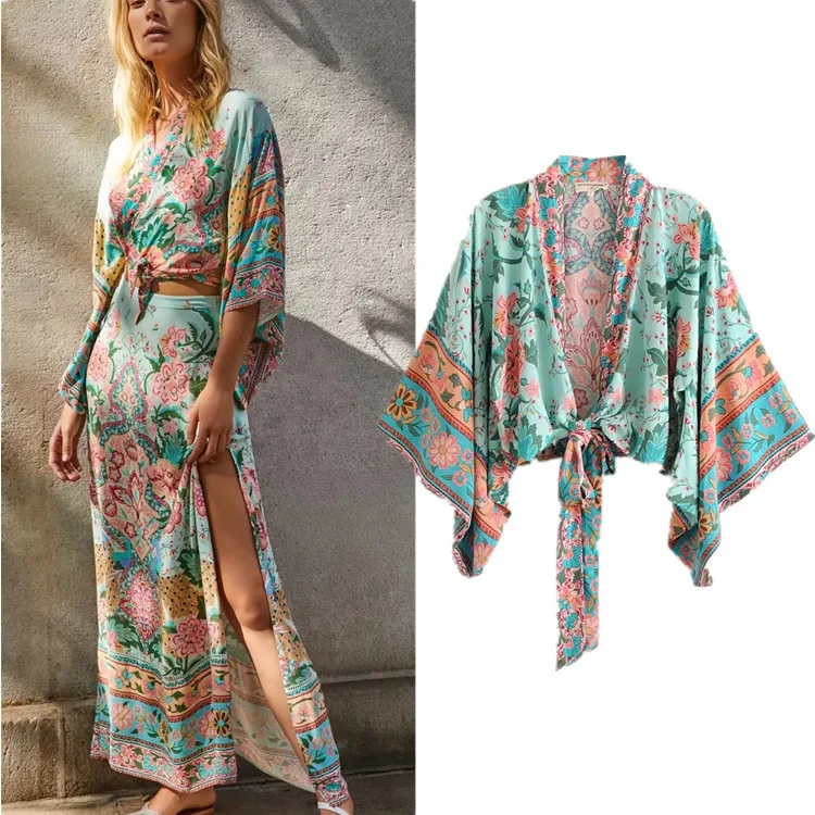 Blouses Kimono Boho Casual Shirt Kimono Boho Cardigan Printed Bohemian Tie Cardigan Kimono Top