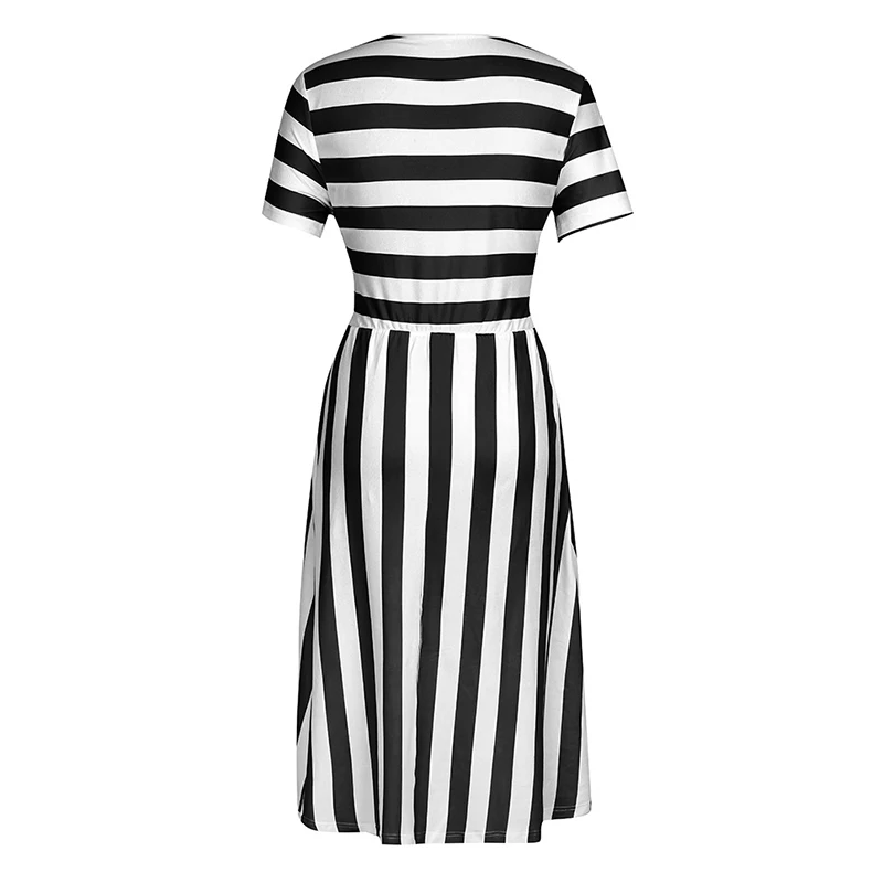 Red Black A Line Casual Dresses Women Summer Dress Short Sleeve Striped Midi Dress O Neck Pocket Summer Holiday Dresses