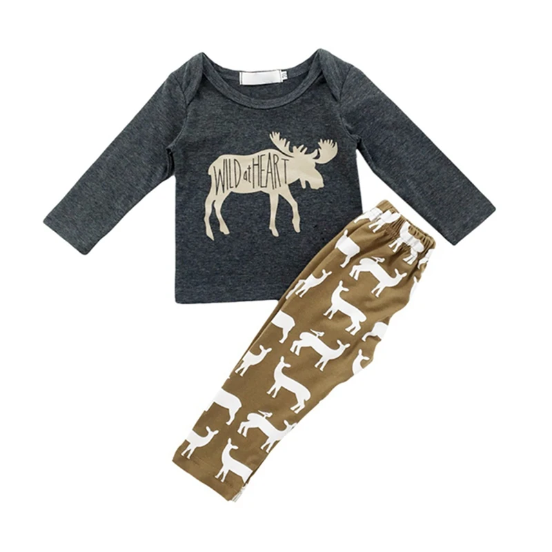 

0-3T Toddler Baby Girls Set Casual Christmas Elk Print Baby Suit T-shirt Tops + Soft Cotton Pants Outfits Clothing 2pcs