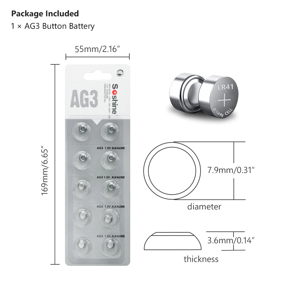 Soshine AG3 LR41 392 SR41 192 1,5 V кнопочный элемент Батарея 384, 392A, AG3, CX41, G3, L736, LR736, SR41, SR41SW музыкальная шкатулка для плюшевых игрушек Часы x10