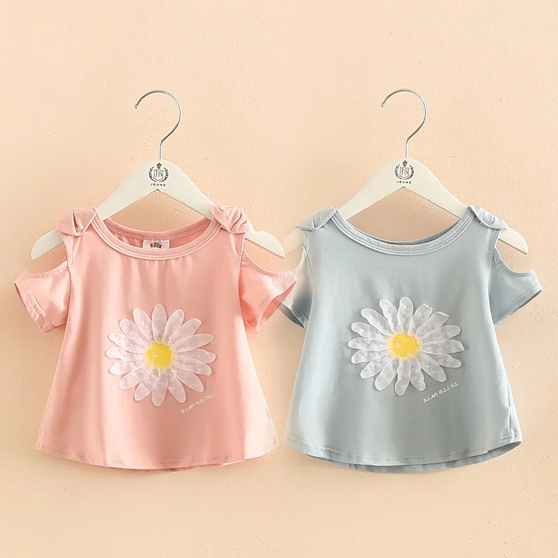 

2019 Hot Summer New Design Cotton Princess Short Sleeve O-Neck Strapless Off-Shoulder Floral Cute Kids Baby Girl T-Shirt