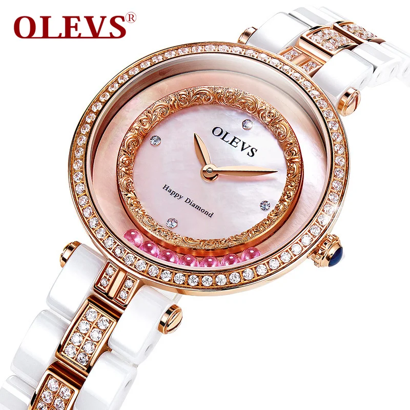 

OLEVS Luxury Women Quartz Wristwatch Gold-color Case Beads Cute Female Clock Rhinestone Ceramic Watchband Ladies Watch Gift 138