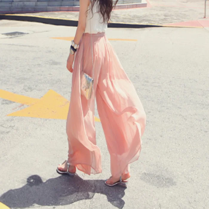

Women's Chiffon High Elastic Waist wide leg pants Loose straight Palazzo Culottes Trousers