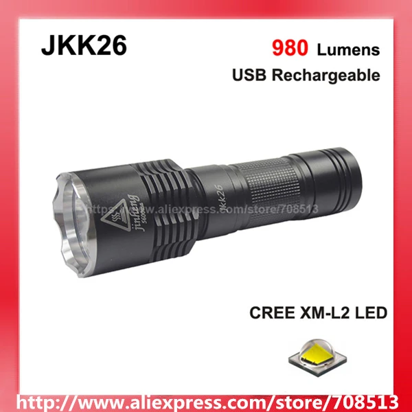 

JKK26 Cree XM-L2 White 6500K Neutral White 980 Lumens 3-Mode LED Flashlight with USB Charging Head - Black ( 1x18650/1x26650 )