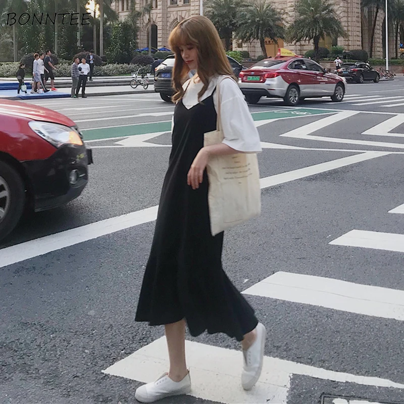 

Dresses Women Solid Simple Trendy Chiffon Trumpet Korean Style A-line Spaghetti Strap Womens Dress All-match High Quality Lovely