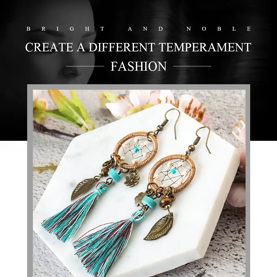 Bohemian Dreamcatcher Leaf Flower Tassel Alloy Earrings 1