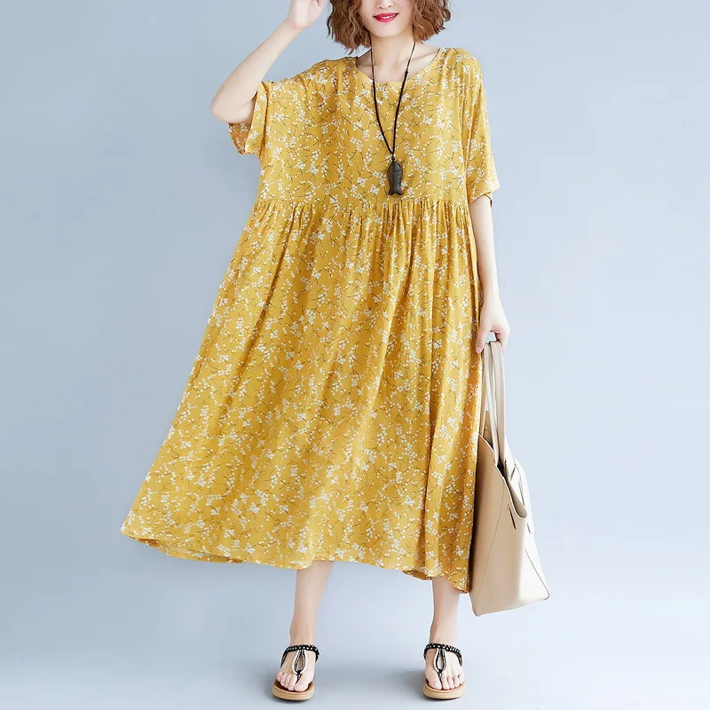 

Johnature Summer Women Loose Yellow Floral Print Cotton Linen Dresses 2019 New O-Neck High Waist Loose Short Sleeve Dresses