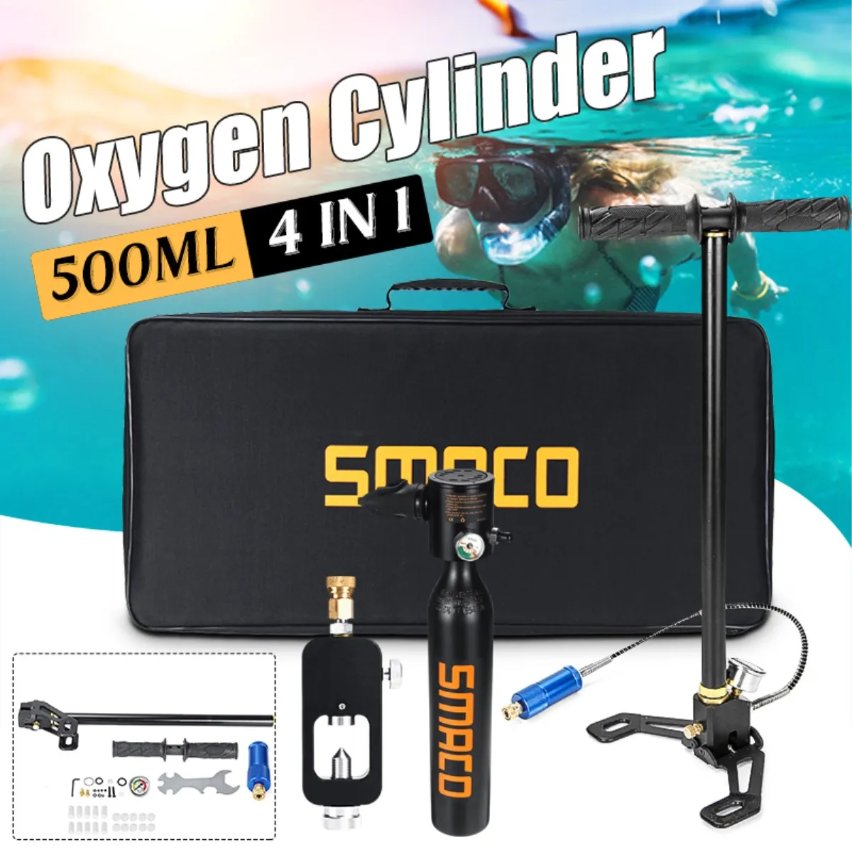 

SMACO 0.5L Oxygen Cylinder Scuba Diving Tank Snorkel Regulator Hand Operated Pump Snorkeling Diving Equipment Accessories
