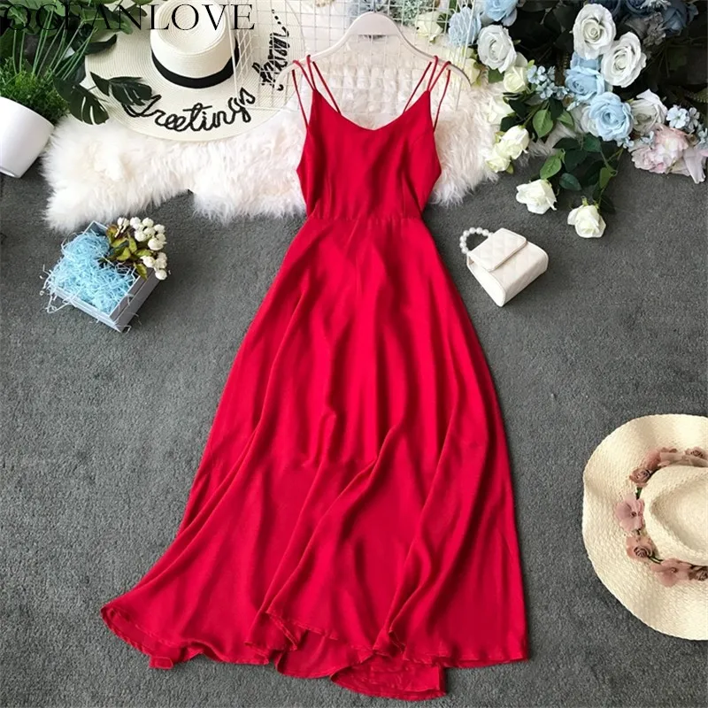 

OCEANLOVE Party Dress Solid A-line Long Sexy Dresses 2019 Summer Zipper Backless Vestidos High Waist V-neck Robe Femme 11948