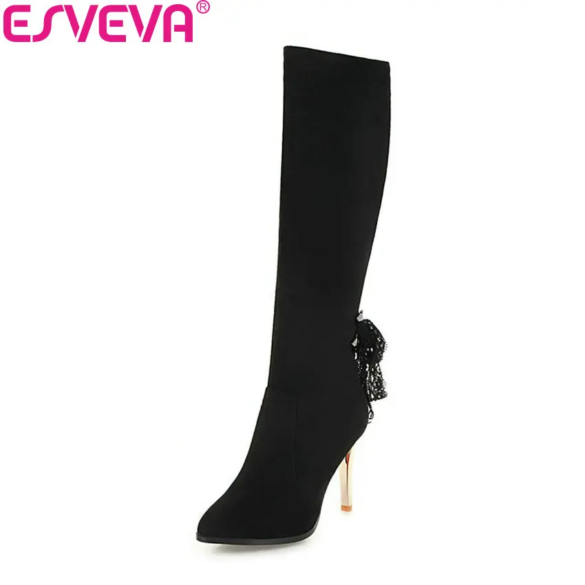 

ESVEVA 2019 Women Winter Boots High Heels Flock Mid-calf Boots Autumn Shoes Pointed Toe Zipper Basic Woman Boots Size 34-42