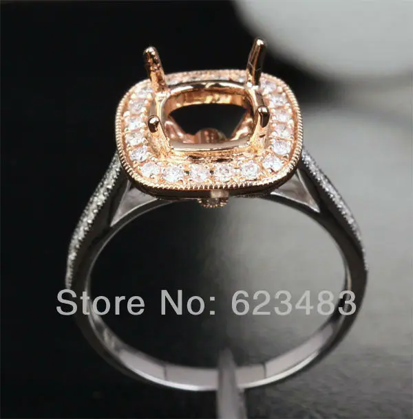 

Real 14kt Two Tone White/Rose Gold .43ct . 7mm Cushion Halo Semi Mount Ring ,Free Shipping