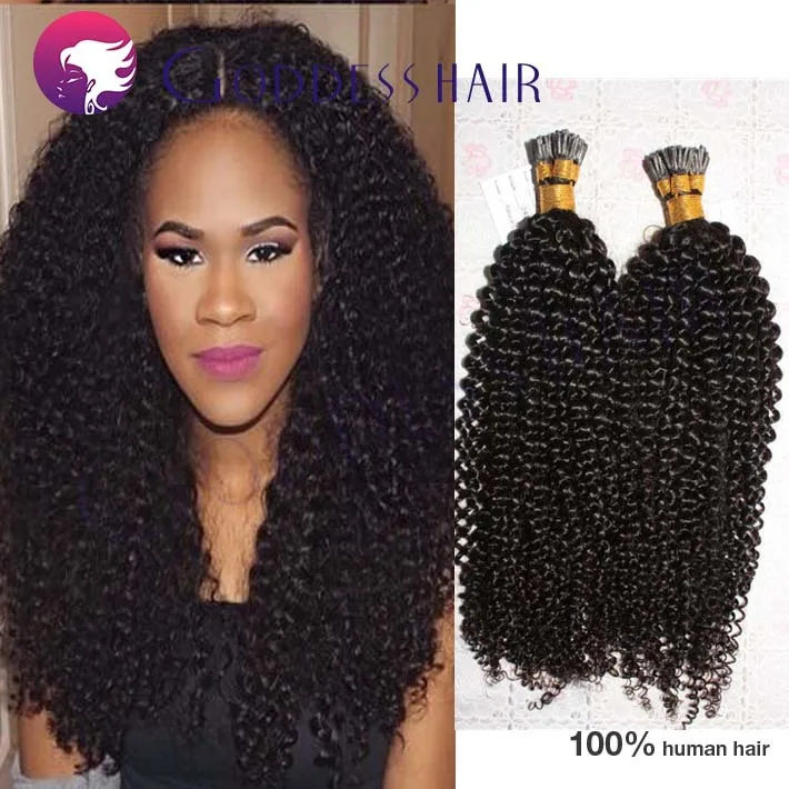 100 Kertain kinky curly i tip hair extensions Mongolian human virgin