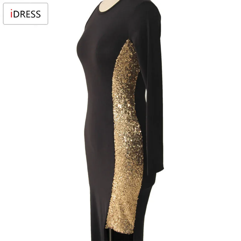 Женское вечернее платье с блестками IDress черное Клубное длинное разрезом лето