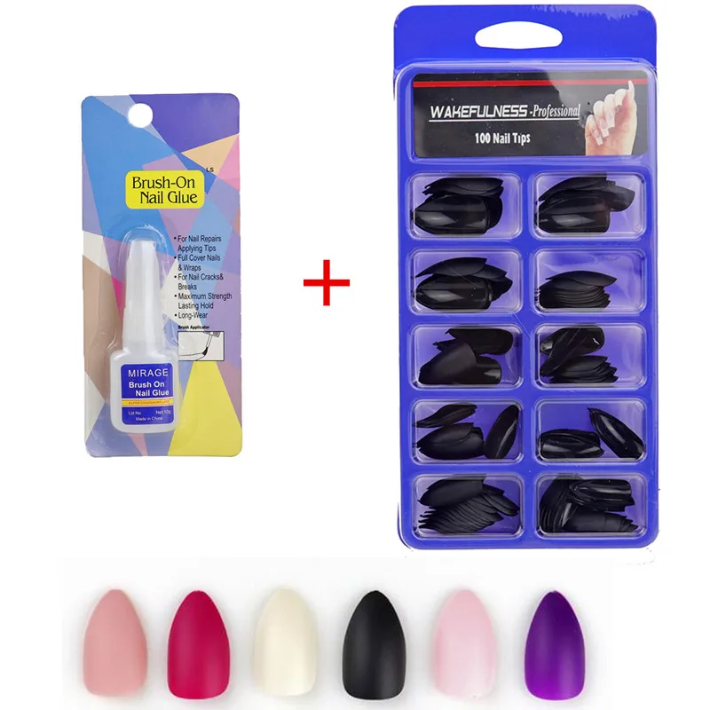 

Best Matte Nails Glue 1 Brush-On Nail Glue Liquid Set Stiletto Shape Nail Press ON Nail Manicure Black Matte faux Ongles 100pcs