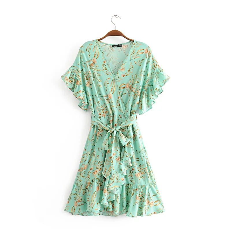 

QZ834 Women New Sweet V Neck Short Sleeve Ruffles Wrapped Viscose Dress Sashes Deco Slim Waist Bohemia Floral Print Vestidos