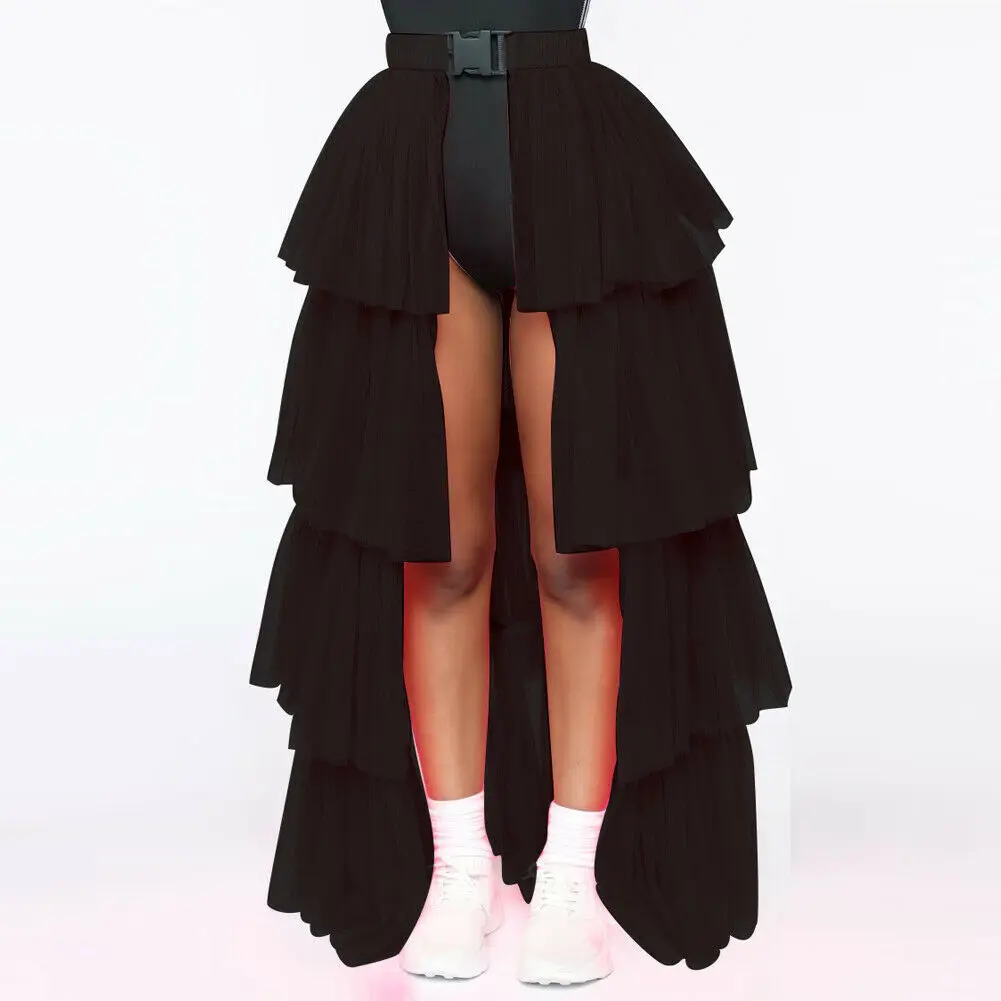 2 стиля Летняя женская юбка с пряжкой на талии кружевная сетчатая многослойная балетная юбка принцессы Высокая талия открытая передняя юбка-пачка(без нижнего белья - Цвет: Black long skirt
