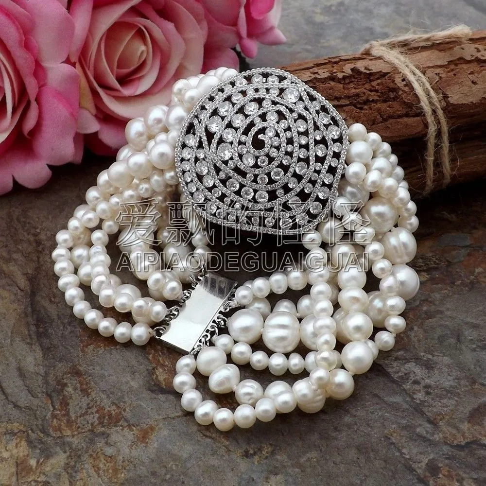 

B093012 8" 7 Strands White Pearl CZ Pave Connector Bracelet