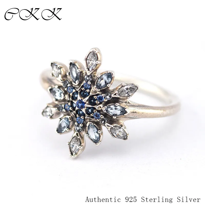 

Authentic 925 Sterling Silver Crystalized Snowflake Rings With Blue Crystals & Clear CZ for Women DIY Fine Jewelry SR068
