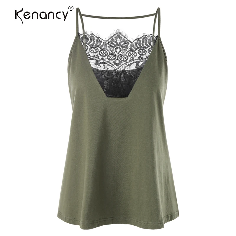 Kenancy Lace Insert Low V Cut Camisole Tank Top Women Casual Soft