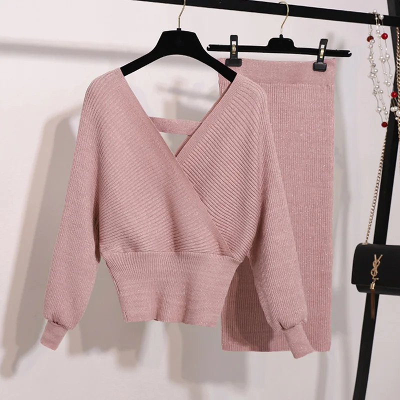 

New Autumn Woman Knitted Two-pieces Suit Solid Sweater Pencil Skirt Set for Woman Female Winter Warm Suits 2019